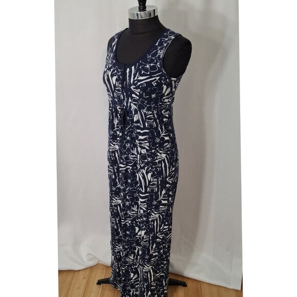 Eddie Bauer Beachy Maxi Blue Geo Print Empire High Waist Cool Cotton Dress Sz M - Picture 3 of 14